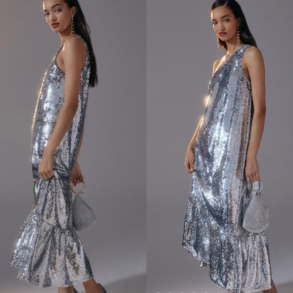Anthropologie Silver Sequin Midi Dress - Picture 1 of 10